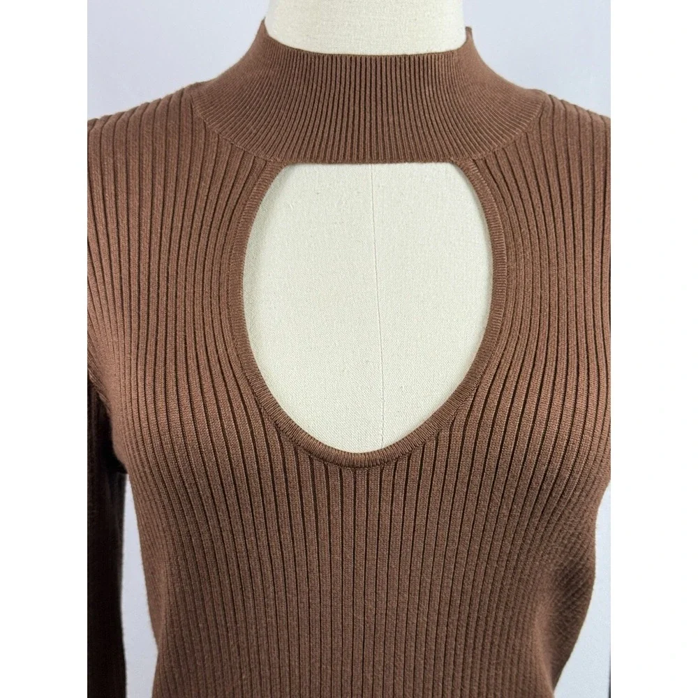 Abercrombie & Fitch Women's Large Brown Knit Ribbed Neck Fitted Sweater
